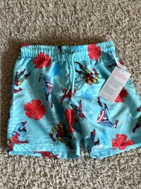 Kids Light Blue Swim Shorts with Red Floral Print